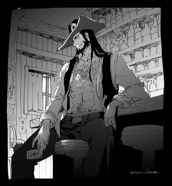 1boy abs bar_(place) bara bare_pectorals beard card chest_hair cowboy_shot facial_hair feet_out_of_frame greyscale hairy holding holding_card karipaku league_of_legends long_hair looking_at_viewer male_focus mature_male monochrome navel navel_hair on_chair open_clothes open_fly open_shirt pectorals seductive_smile sitting smile solo stomach toned toned_male twisted_fate unfinished
