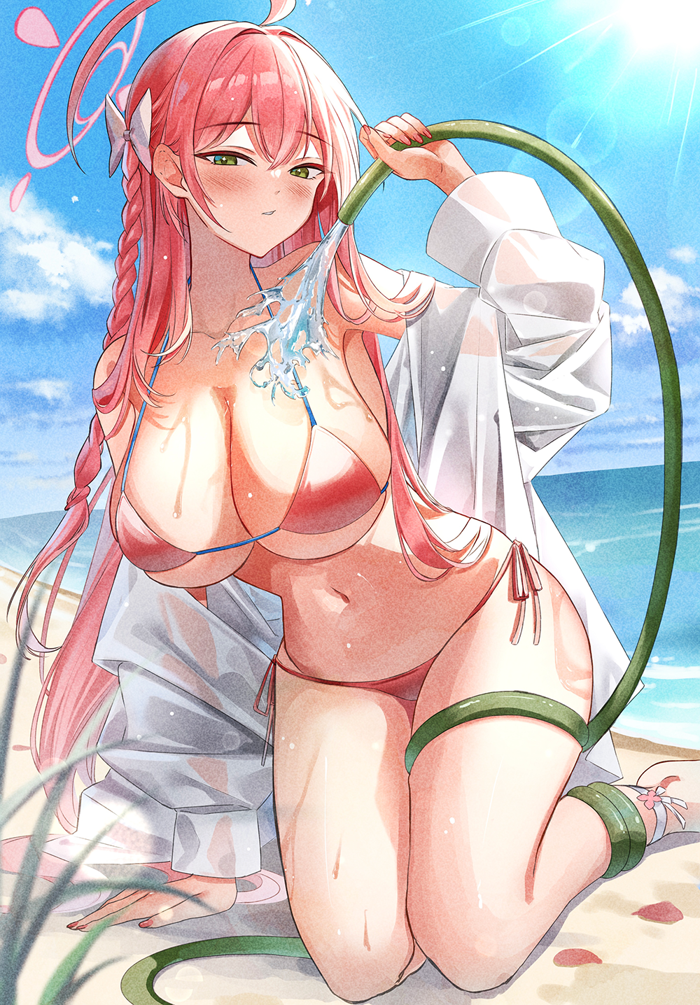 1girl ahoge beach bikini blue_archive blue_sky breasts cloud conconcon1031 day green_eyes halo hanako_(blue_archive) hanako_(swimsuit)_(blue_archive) highres holding holding_hose horizon hose kneeling large_breasts long_hair looking_at_viewer ocean official_alternate_costume outdoors pink_halo red_bikini red_hair shirt sky solo swimsuit water wet white_shirt