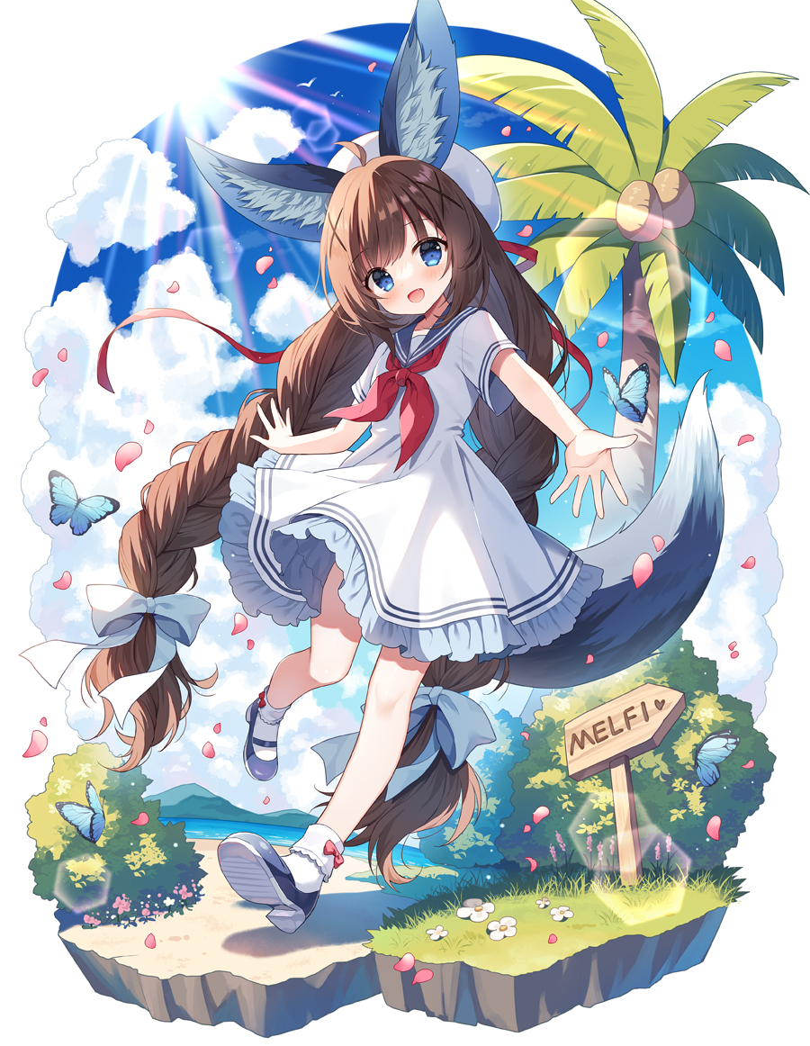 1girl :d ahoge animal animal_ear_fluff animal_ears beret black_footwear blue_eyes blue_sailor_collar blue_sky bobby_socks bow braid brown_hair bug butterfly cloud coconut commentary_request day dress frilled_dress frills full_body hair_bow hair_ornament hat long_hair low_twintails mauve original palm_tree petals sailor_collar sailor_dress shirt shoe_soles shoes short_sleeves sign sky smile socks solo tail tree twin_braids twintails very_long_hair water white_bow white_headwear white_shirt white_socks x_hair_ornament