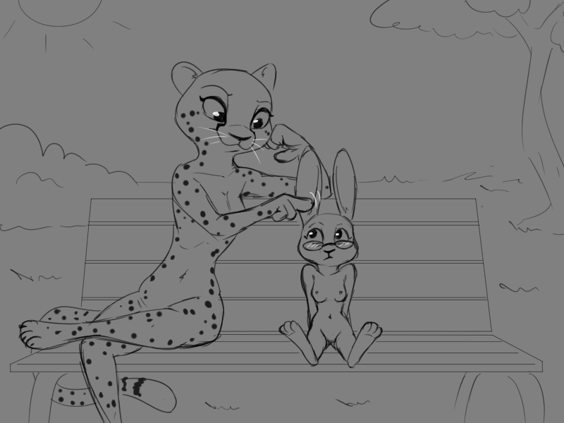 anthro bench blush breasts cheetah disney duo ear_play embarrassed eyewear felid feline female female/female glasses grey_background kii_catano lagomorph leporid mammal nipples nude park plant public rabbit simple_background sitting sketch sun tggeko tree violet_hopps whiskers zootopia