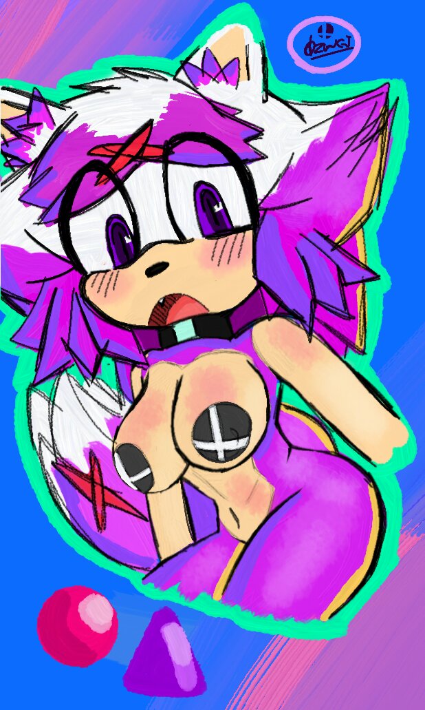 anthro big_breasts blue_background blush blush_lines breasts choker eyelashes fan_character female fur head_tuft jewelry mawstrife navel necklace nipple_outline nude open_mouth pasties purple_background purple_body purple_eyes purple_fur sega simple_background solo sonic_the_hedgehog_(series) tan_body tan_fur thick_thighs tuft white_body white_fur wide_hips