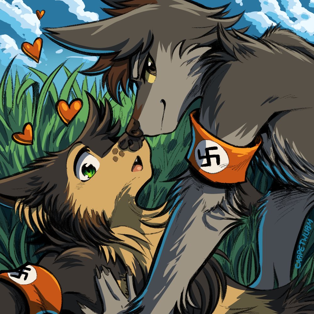 &lt;3 1:1 2d_(artwork) anthro artist_name blue_sky brown_body brown_fur canid canine canis carpetwurm claws cloud countershading day digital_drawing_(artwork) digital_media_(artwork) duo fur grass green_eyes grey_body grey_fur looking_at_viewer lying lying_on_grass lying_on_ground male male/male mammal nazi nazi_armband on_back open_mouth outside plant politics romantic romantic_ambiance shaded sky smile swastika tan_body tan_countershading text tongue wolf yellow_sclera