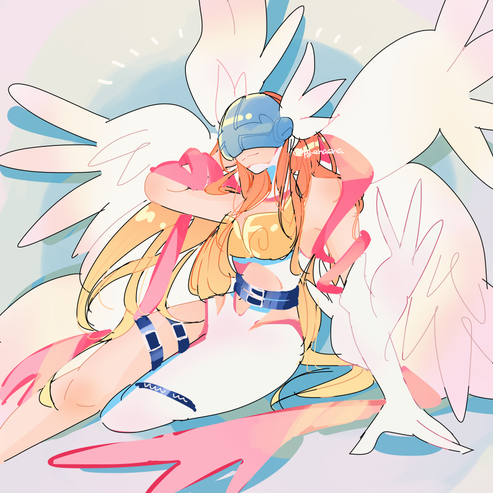 1girl angel angel_wings angewomon artist_name belt black_belt blonde_hair breasts closed_mouth digimon digimon_(creature) gloves on_floor orange_hair pg_enaena solo twitter_username white_gloves wings