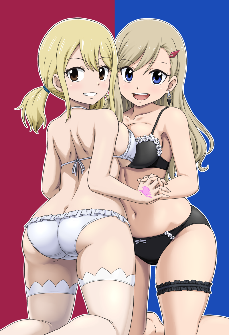 2girls ass asymmetrical_bangs back black_bra black_panties blonde_hair blue_background blue_eyes bow bow_panties bra breast_press bridal_garter brown_eyes commission creator_connection crotch_seam earrings eden's_zero fairy_tail frilled_bra frilled_panties frills from_behind grin hair_ornament hair_tie hairclip halterneck hand_tattoo holding_hands interlocked_fingers jewelry kneeling lingerie looking_at_viewer looking_back low_twintails lucy_heartfilia medium_hair multiple_girls open_mouth outline panties red_background skeb_commission smile string_bra symmetrical_docking tattoo thighhighs twintails two-tone_background underwear vierosky white_bra white_outline white_panties white_thighhighs