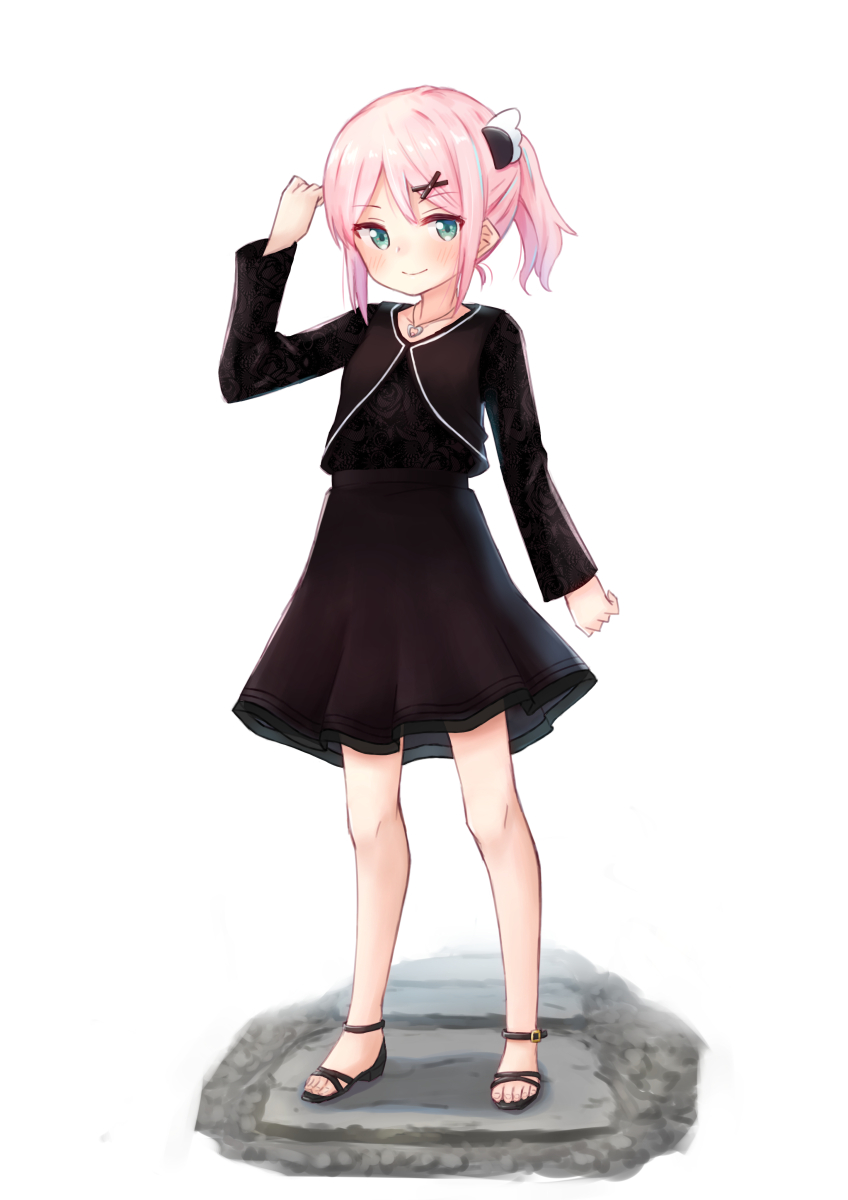 1girl barefoot_sandals black_dress blush chiyoda_momo closed_mouth collarbone dress full_body green_eyes hair_ornament highres jewelry kuramoto_takato looking_at_viewer machikado_mazoku necklace pink_hair sandals short_hair simple_background smile solo white_background x_hair_ornament