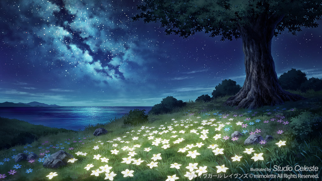 blue_sky bush copyright_name day flower galaxy glowing glowing_flower grass grasslands horizon island night night_sky no_humans ocean ono_tomohiro original rock scenery shadow sky star_(sky) starry_sky tree tree_shade water white_flower