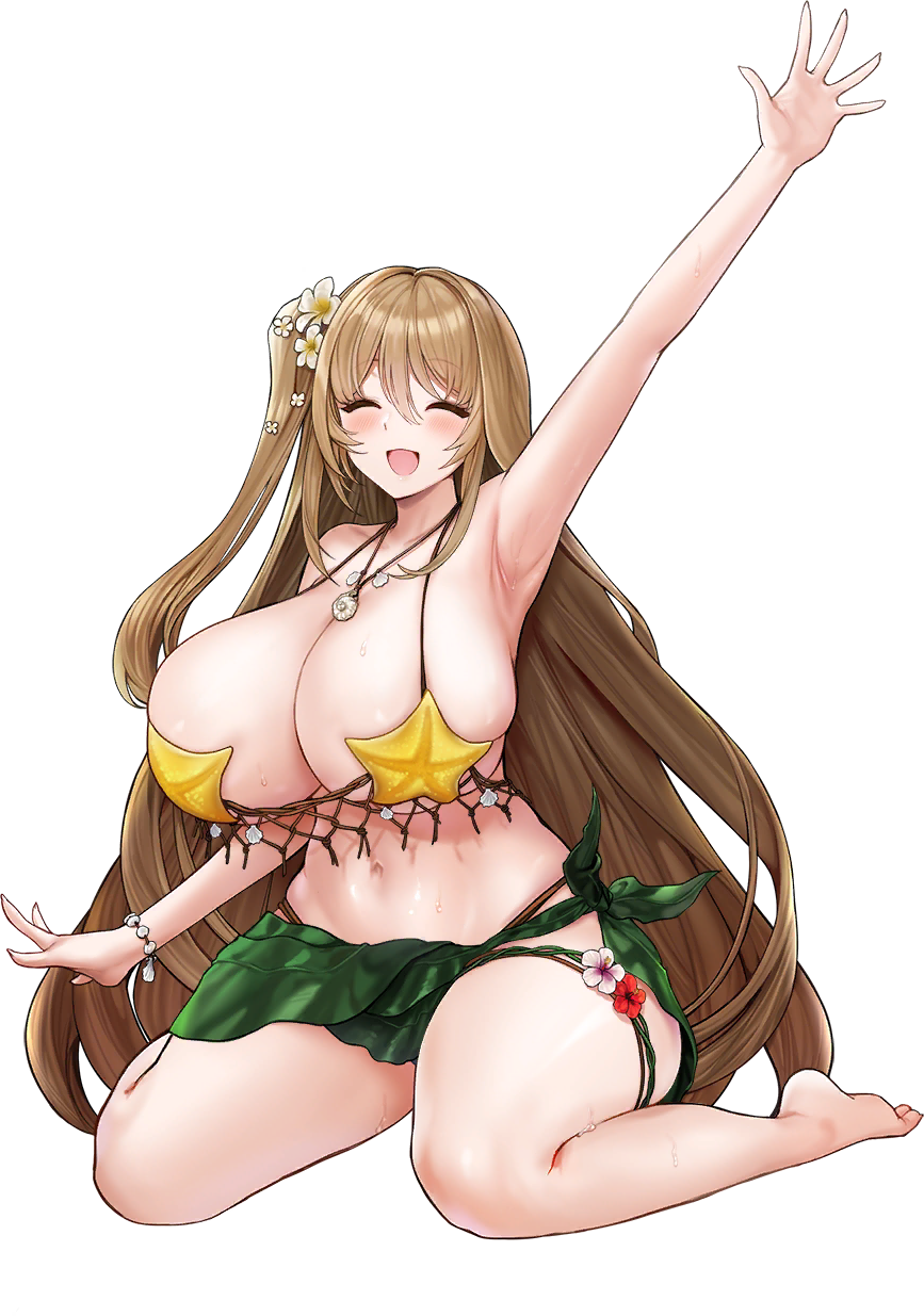 05565 1girl arm_up armpits barefoot bikini blonde_hair breasts cleavage closed_eyes collarbone flower flower_thigh_strap hair_between_eyes hair_flower hair_ornament highres huge_breasts jewelry kelp last_origin leaf_bikini long_hair looking_at_viewer navel necklace net official_alternate_costume official_art one_side_up open_mouth pink_flower red_flower salacia_(last_origin) sarong seashell seashell_bracelet seaweed shell shell_necklace simple_background sitting skindentation smile solo starfish_bikini string_bikini sweat swimsuit tachi-e thigh_strap third-party_source transparent_background wariza waving white_flower yellow_flower