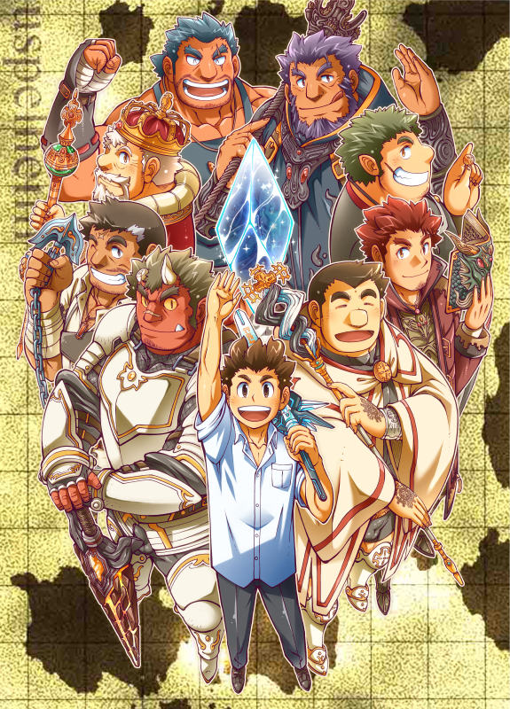 ^_^ arm_up armor bandaged_hand bandages bara beard beard_stubble blue_gemstone blue_hair bombom book broken_horn brown_eyes brown_hair claus_(f-kare) closed_eyes closed_mouth collared_shirt colored_skin commentary_request crown dark-skinned_male dark_skin english_text everyone facial_hair fafnir_(f-kare) full_body gem goatee_stubble gordon_(f-kare) green_hair grin hand_on_weapon holding holding_book holding_staff holding_sword holding_weapon hooded_robe horns jewelry jormungandr_(f-kare) leaf licking_lips looking_at_viewer male_focus map_background mouth_hold multicolored_hair muscular muscular_male necklace nekros_(f-kare) nogrim_(f-kare) official_art one_eye_closed open_mouth orgus_(f-kare) perspective pointy_ears protagonist_(f-kare) purple_hair red_eyes red_hair red_skin robe scar scar_across_eye shirt short_hair shoukan_yuusha_to_f-kei_kareshi smile sol_(f-kare) staff streaked_hair sword tank_top tongue tongue_out tusks weapon white_hair white_shirt