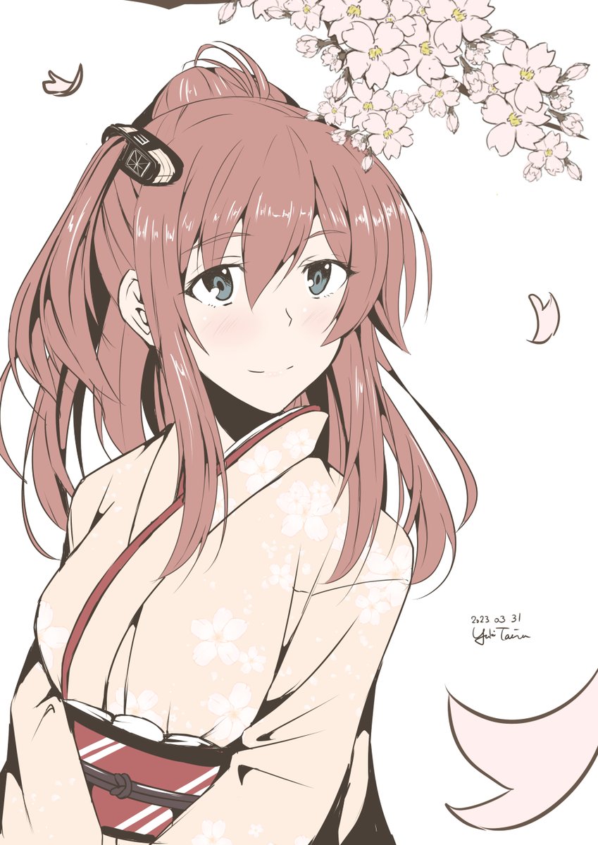 1girl alternate_costume blue_eyes blush breasts brown_hair cherry_blossom_print cherry_blossoms floral_print hair_between_eyes hair_ornament japanese_clothes kantai_collection kimono large_breasts long_hair looking_at_viewer obi pink_kimono ponytail saratoga_(kancolle) sash side_ponytail smile smokestack smokestack_hair_ornament solo taira_yuuki upper_body