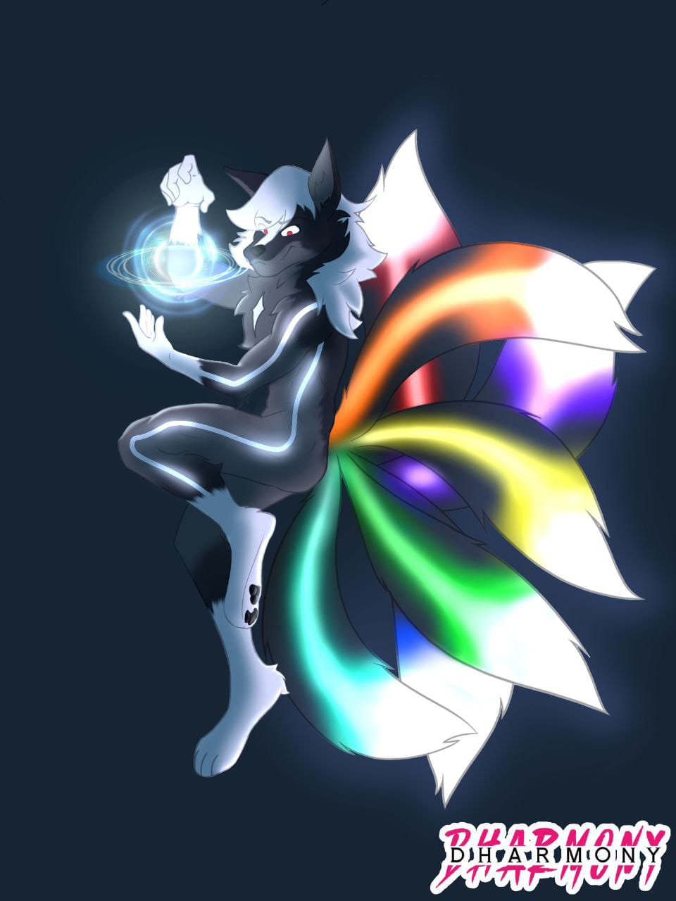 3:4 7_tails anthro canid canine dharmony fox hair hi_res long_hair magic magic_user male male/male mammal multi_tail multicolored_body red_eyes simple_background solo tail two_tone_body white_hair