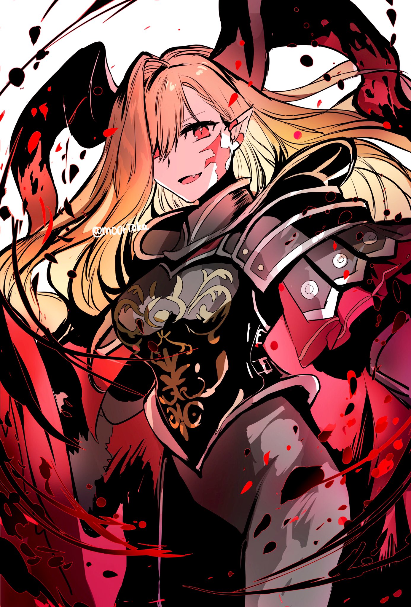 armor blonde_hair blood cape facial_mark fang fate/grand_order fate_(series) highres long_hair looking_at_viewer nero_claudius_(fate) pauldrons plate_armor pointy_ears queen_draco_(fate) queen_draco_(third_ascension)_(fate) red_eyes rioka_(southern_blue_sky) shoulder_armor simple_background smile tareme white_background