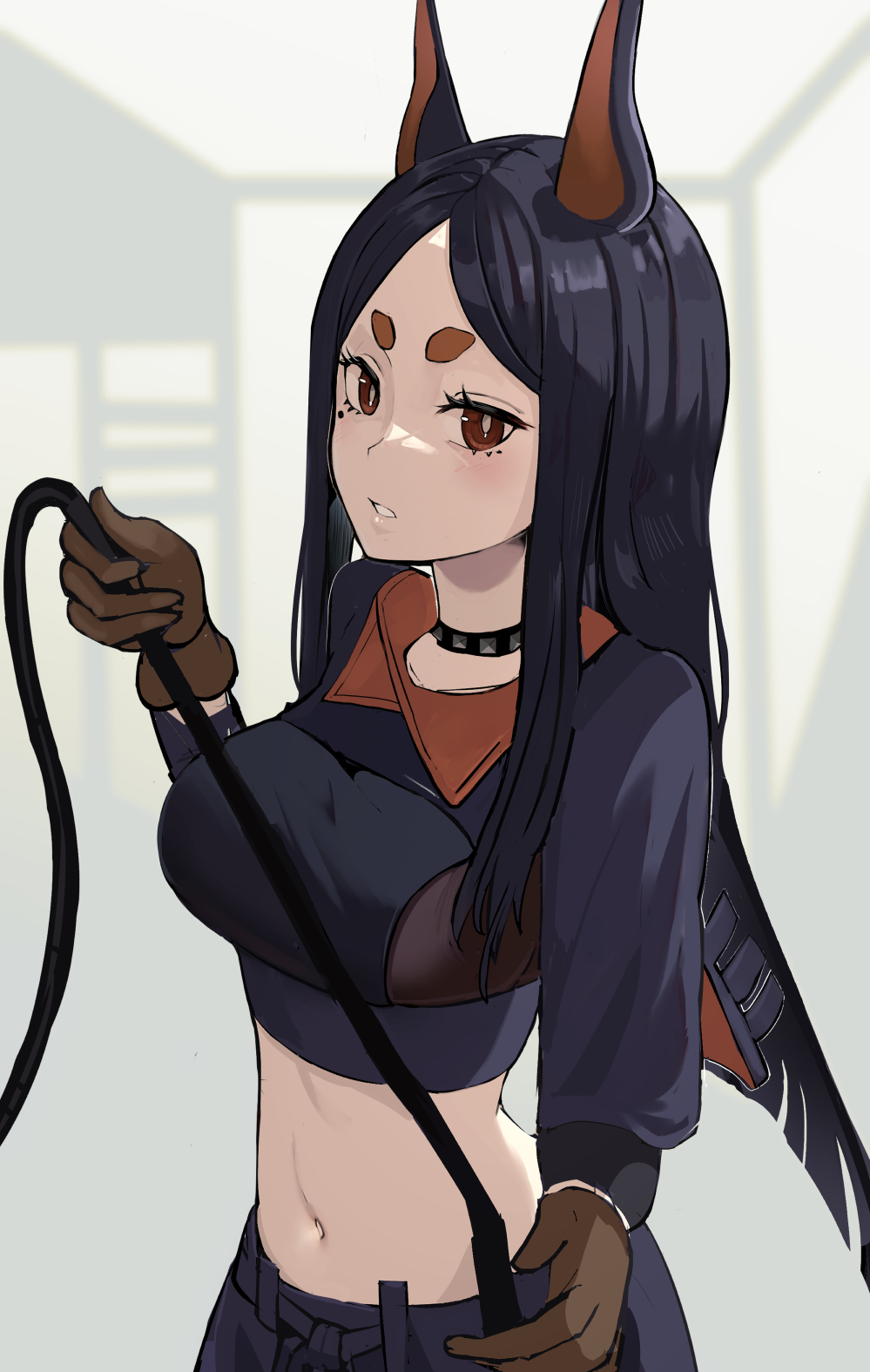 1girl animal_ears arknights black_choker black_hair black_pants black_shirt breasts bright_pupils brown_gloves choker commentary cowboy_shot crop_top dobermann_(arknights) dog_ears dog_girl expressionless eyelashes gloves highres hikimayu holding holding_whip long_hair looking_at_viewer medium_breasts mole mole_under_eye navel pants parted_bangs parted_lips red_eyes shirt shrug_(clothing) solo solokitsune standing stomach straight_hair studded_choker thick_eyebrows whip white_pupils