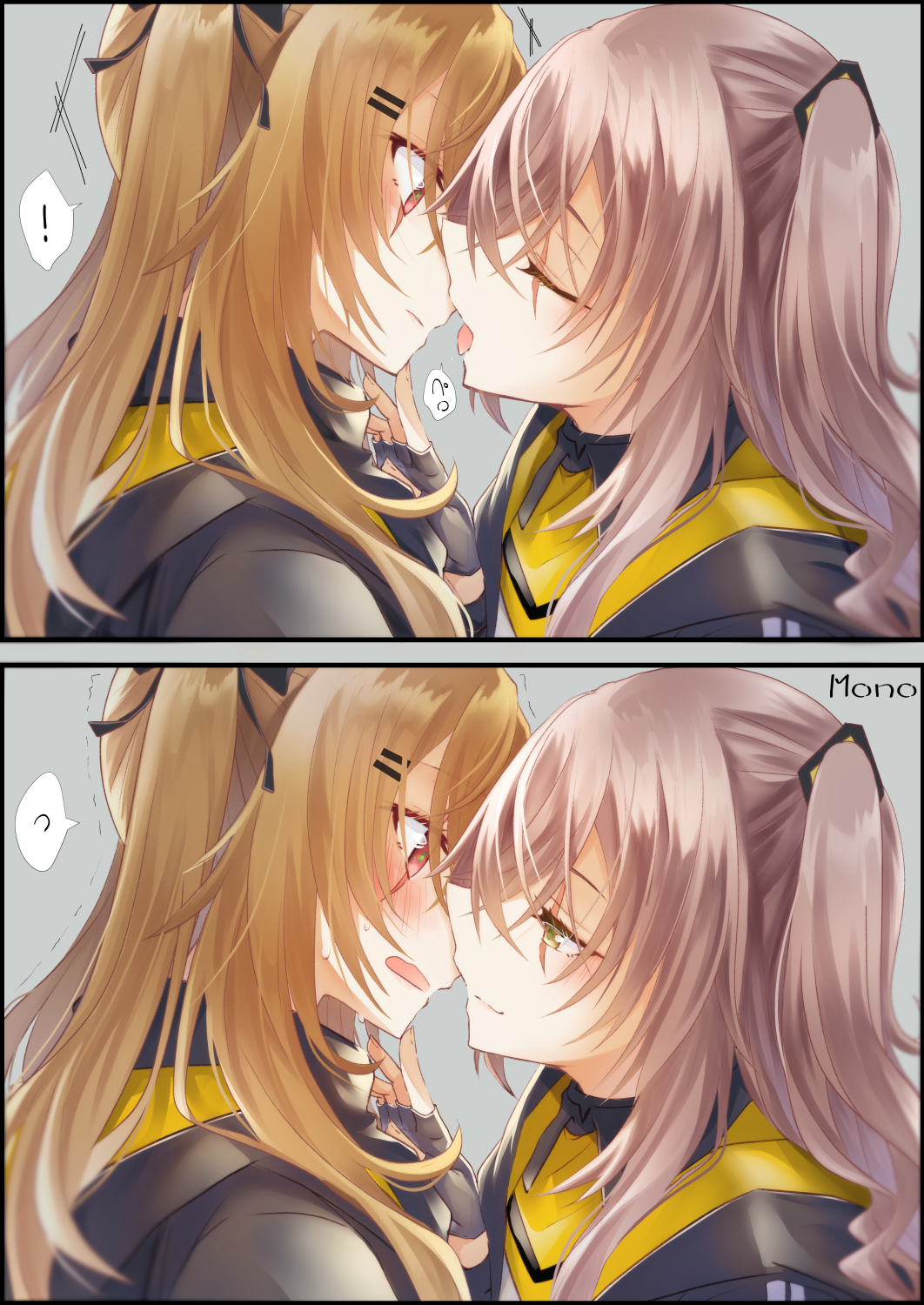 ! 2girls brown_hair closed_eyes closed_mouth girls'_frontline gloves green_eyes highres monokuro_(sekahate) multiple_girls parted_lips partially_fingerless_gloves scar scar_across_eye spoken_exclamation_mark tongue tongue_out ump45_(girls'_frontline) ump9_(girls'_frontline) yuri