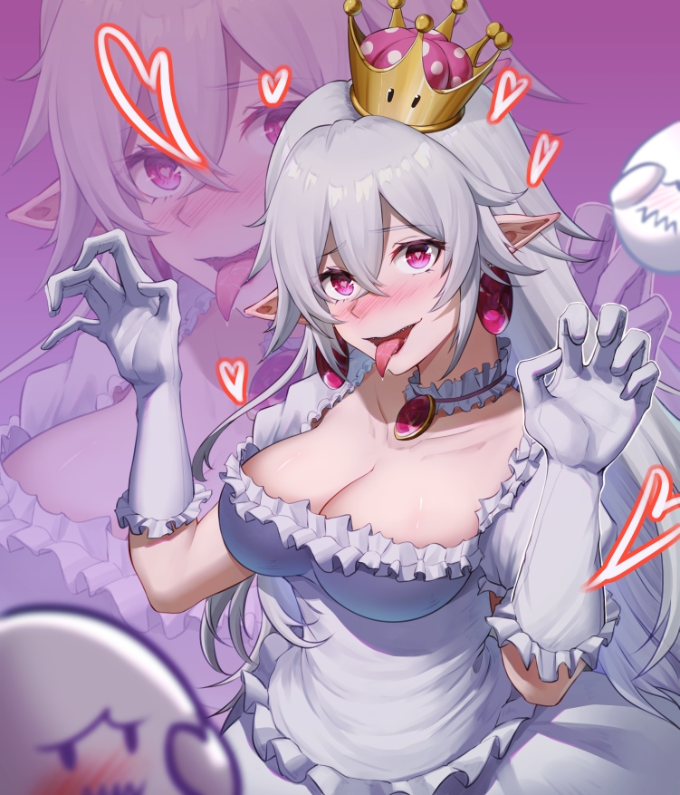 1girl blush boo_(mario) breasts cleavage crown dress earrings er_gou_daoren frilled_gloves frills ghost_pose gloves hair_between_eyes heart heart-shaped_pupils jewelry large_breasts long_hair long_tongue luigi's_mansion mario_(series) mini_crown new_super_mario_bros._u_deluxe pointy_ears princess_king_boo puffy_short_sleeves puffy_sleeves purple_eyes sharp_teeth short_sleeves super_crown symbol-shaped_pupils teeth tongue tongue_out very_long_hair white_dress white_gloves white_hair zoom_layer