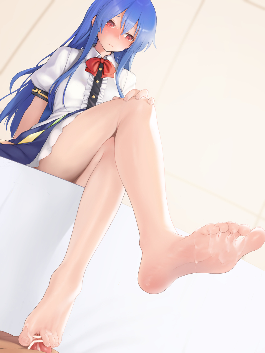 1girl after_ejaculation bar_censor bare_legs barefoot blue_hair blush censored cum cum_on_body cum_on_feet feet footjob highres hinanawi_tenshi legs long_hair maa_(maa1) penis red_eyes sitting soles toenails toes touhou