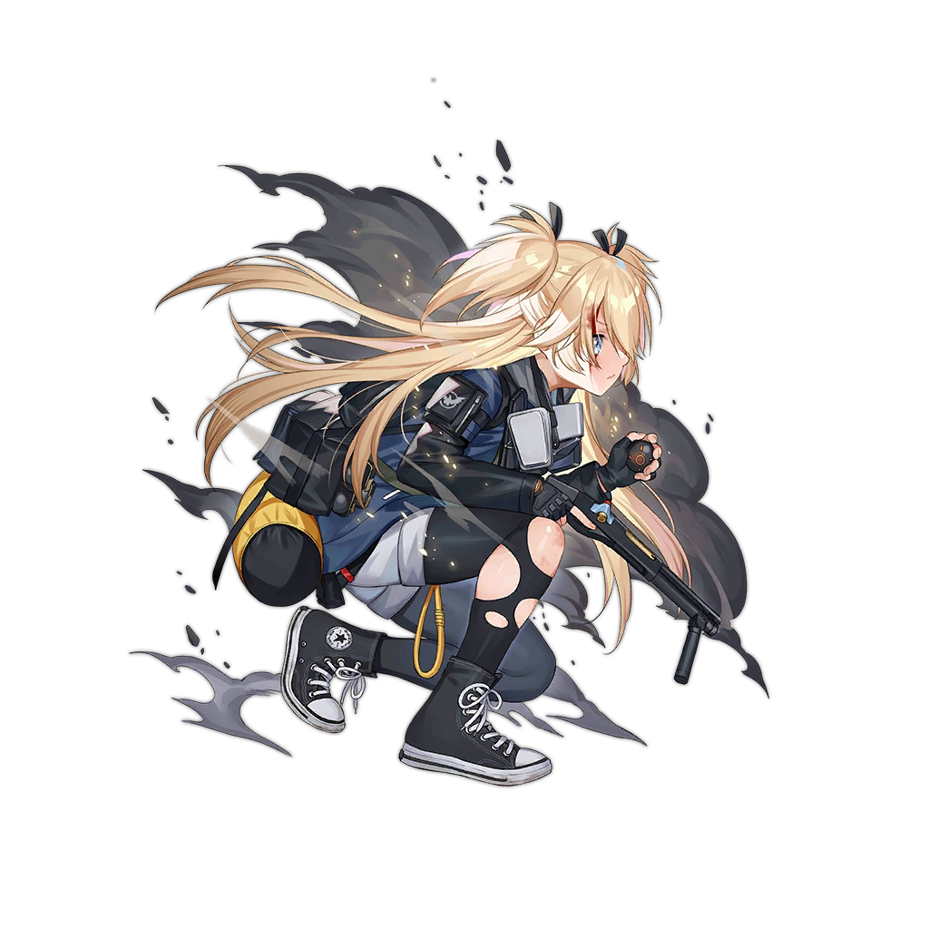 1girl black_bag black_footwear black_gloves black_pantyhose black_ribbon blonde_hair blood blood_in_hair blue_eyes blue_jacket closed_mouth fingerless_gloves from_side full_body gas_mask girls'_frontline gloves gun haijin hair_between_eyes hair_ribbon holding holding_gun holding_weapon jacket light_frown long_hair long_sleeves mask object_request official_alternate_costume official_art on_one_knee open_clothes pantyhose profile ribbon shoes shorts simple_background smoke sneakers solo squatting super-shorty_(bad_cop_for_life)_(girls'_frontline) super-shorty_(girls'_frontline) thigh_pouch torn_clothes torn_pantyhose transparent_background trigger_discipline two_side_up very_long_hair weapon white_shorts yellow_bag