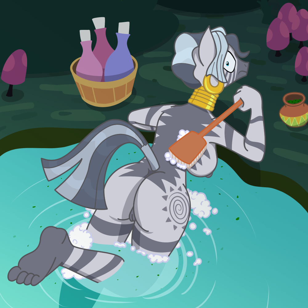 bathing breasts bubble butt embarrassed equid equine forest friendship_is_magic fungus genitals hair hasbro himitsu lake mammal mushroom my_little_pony nipples nude partially_submerged plant pussy soap tail tree wet_hair zebra zecora_(mlp)