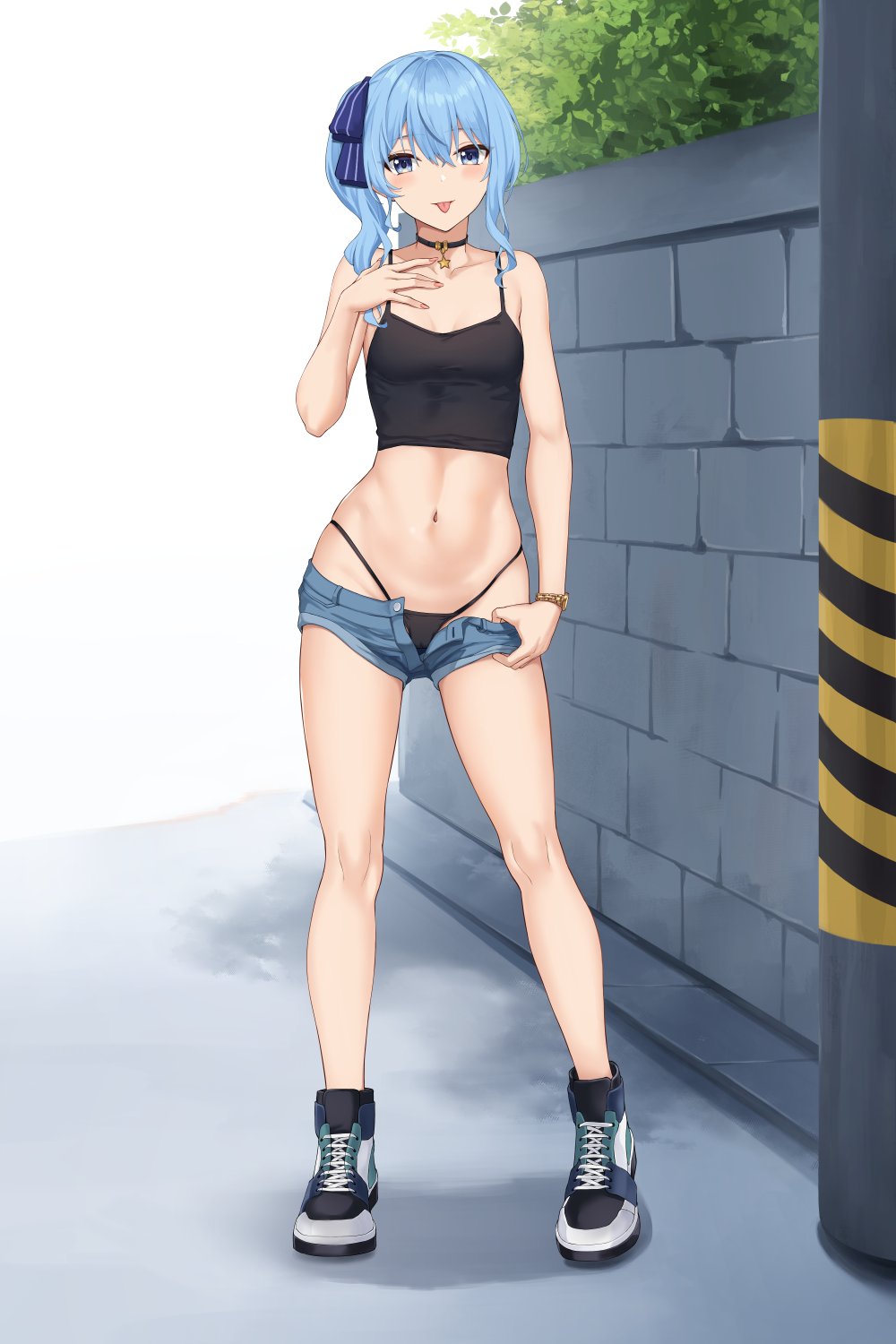 1girl :p black_choker black_panties black_tank_top blue_eyes blue_hair blush breasts brick_wall bush choker clothes_pull collarbone crop_top denim denim_shorts full_body hair_ribbon hand_on_own_chest highres hololive hoshimachi_suisei navel open_fly panties pulled_by_self ribbon shoes short_shorts shorts shorts_pull side_ponytail small_breasts sneakers solo star_(symbol) star_choker star_in_eye stomach symbol_in_eye tank_top terry_(pixiv3274443) thighs tongue tongue_out underwear virtual_youtuber watch wristwatch