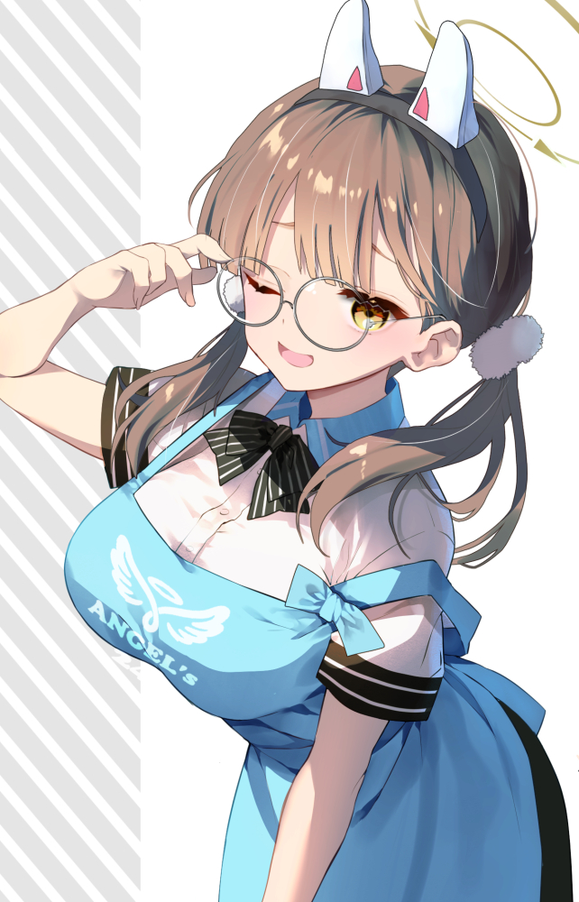 1girl animal_ears apron ariko_youichi black_bow blue_apron blue_archive bow breasts brown_hair eyes_visible_through_eyewear fake_animal_ears glasses halo hand_up large_breasts long_hair looking_at_viewer moe_(blue_archive) moe_(lawson)_(blue_archive) official_alternate_costume one_eye_closed parted_lips polo_shirt rabbit_ears round_eyewear shirt short_sleeves smile solo striped striped_bow twintails white_shirt yellow_eyes