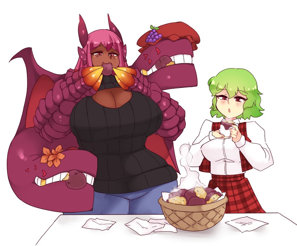 2girls animal_hands basket black_sweater blush breasts cleavage collared_shirt commentary commission crossover dark-skinned_female dark_skin dragon_girl dragon_wings eating english_commentary food green_hair huge_breasts jabberwock_(monster_girl_encyclopedia) kazami_yuuka long_hair long_sleeves meme_attire monster_girl monster_girl_encyclopedia multiple_girls open-chest_sweater pink_eyes pink_hair plaid plaid_skirt plaid_vest red_eyes red_skirt red_vest roasted_sweet_potato rtil second-party_source shirt short_hair simple_background skirt skirt_set sweater sweet_potato touhou vest white_background white_shirt wings