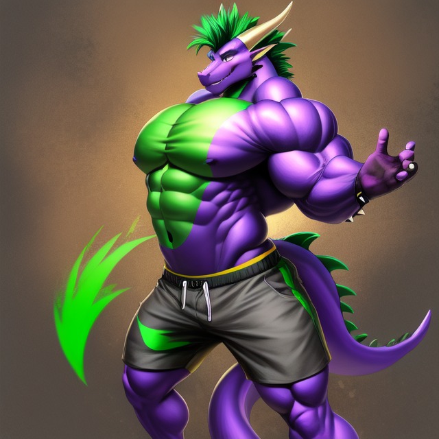 ai_generated also_dreams animal_humanoid anthro bottomwear clothing dragon dragon_humanoid friendship_is_magic hair hasbro humanoid male muscular muscular_male my_little_pony pose shorts simple_background solo spike_(mlp) spiky_hair