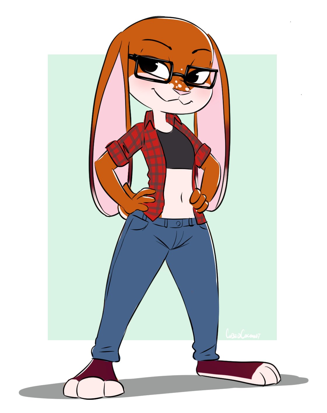 2019 3_toes bottomwear clothed clothing cubedcoconut eyebrows eyewear feet female fingers glasses hi_res lagomorph leporid long_ears mammal navel pants rabbit solo standing tail toes topwear