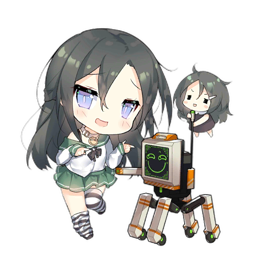 2girls :d =_= black_bow black_bowtie black_bra black_footwear black_hair black_thighhighs blue_eyes blush blush_stickers bow bowtie bra bra_strap brown_dress chibi collar double_finger_gun dress fairy_(girls'_frontline) finger_gun full_body girls'_frontline green_sailor_collar green_skirt hair_between_eyes hair_ornament hairclip long_hair long_sleeves looking_at_viewer loose_thighhigh multiple_girls non-humanoid_robot off_shoulder official_art pleated_skirt radio_antenna robot sailor_collar saru school_uniform shirt simple_background skirt slit_pupils smile smiley_face standing standing_on_one_leg striped striped_thighhighs taunt_fairy_(girls'_frontline) thighhighs third-party_source training_drone_(girls'_frontline) transparent_background underwear unkempt wheel white_collar white_shirt white_thighhighs