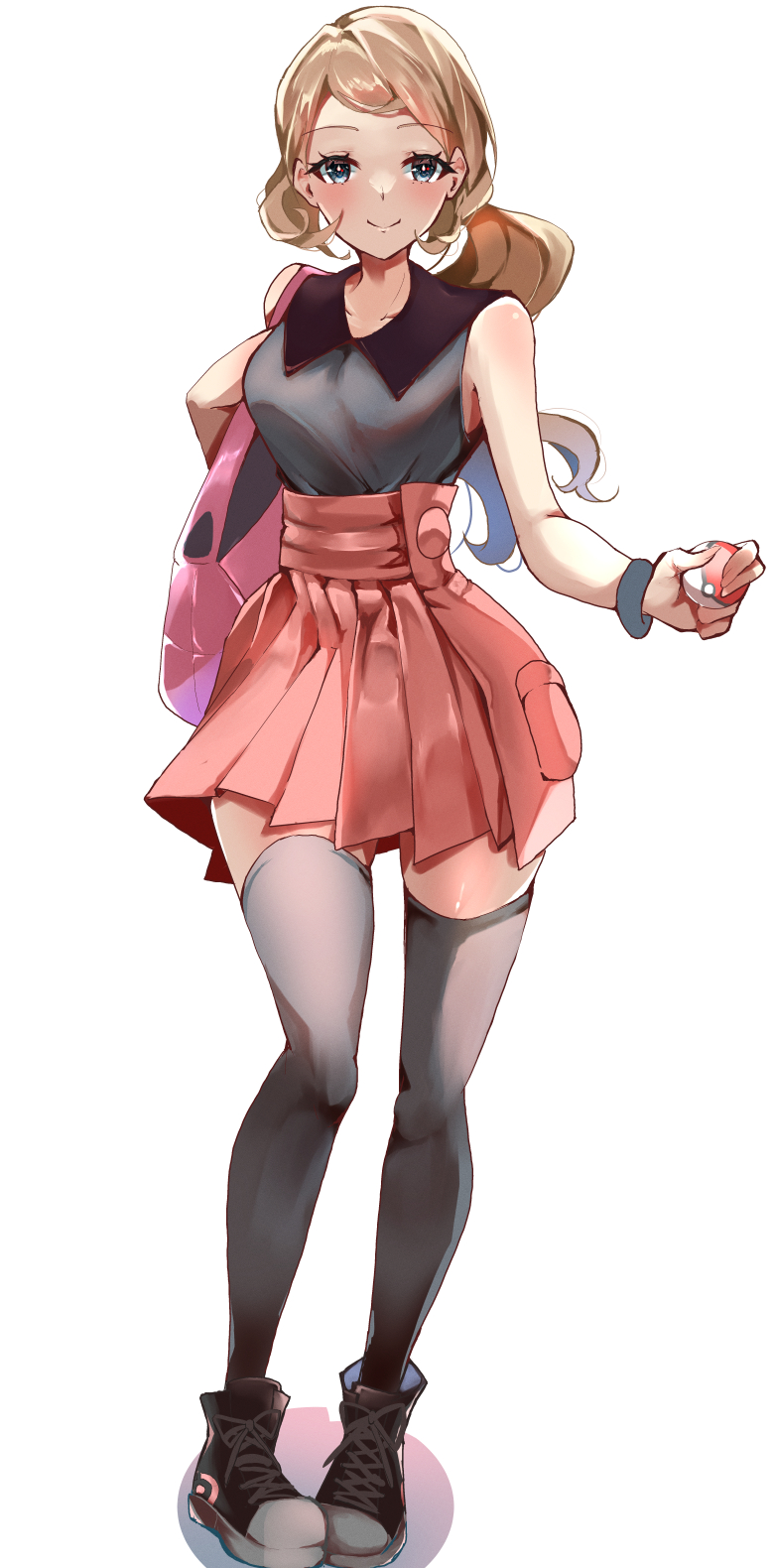 1girl blonde_hair blush breasts closed_mouth highres holding long_hair looking_at_viewer momdy_(talesshinja) poke_ball pokemon pokemon_xy ponytail serena_(pokemon) shirt shoes skirt sleeveless sleeveless_shirt smile solo thighhighs