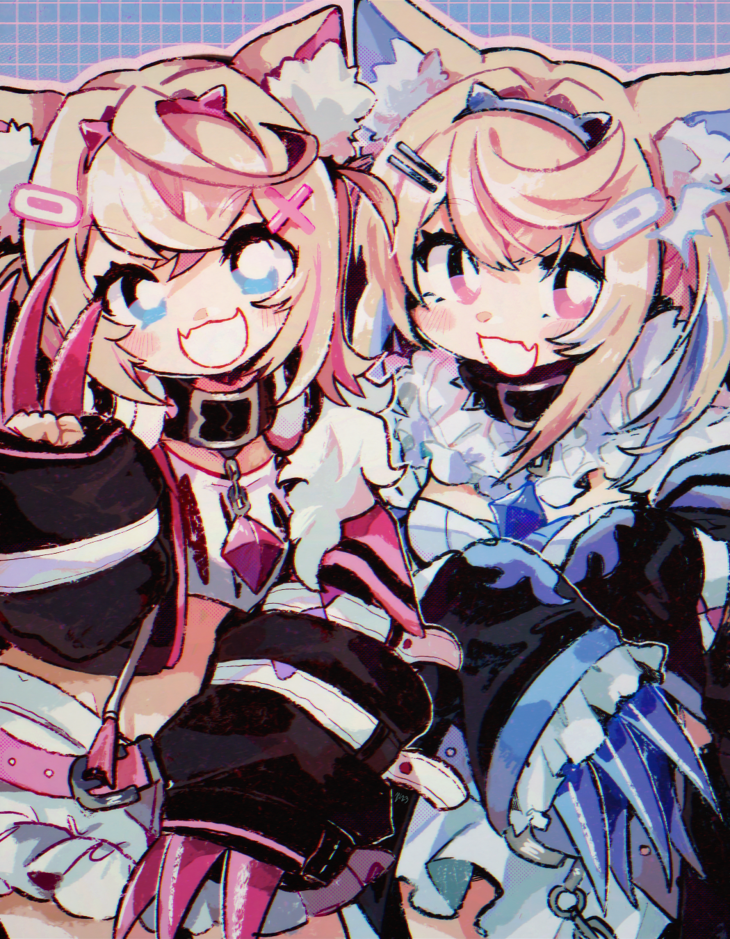 2girls animal_ear_fluff animal_ears belt_collar blonde_hair blue_eyes bright_pupils chain collar dog_ears eyelashes fang fuwawa_abyssgard grid_background hair_ornament hairband hairclip highres hololive kitchupsandwich long_hair mococo_abyssgard multiple_girls outline pink_eyes pink_outline shirt siblings sisters skin_fang skirt twintails virtual_youtuber white_pupils white_shirt white_skirt x_hair_ornament