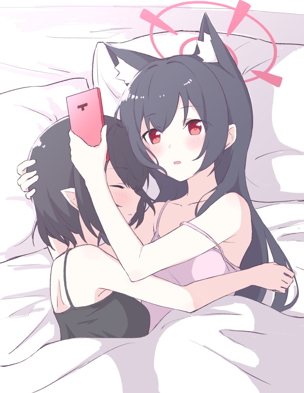 2girls 2o1_(nogarudo203) animal_ear_fluff animal_ears ayane_(blue_archive) bare_shoulders bed black_camisole black_hair blue_archive camisole cat_ears closed_eyes commentary_request cuddling hair_between_eyes halo hand_on_another's_head highres holding holding_phone hug long_hair multiple_girls parted_bangs parted_lips phone pillow pointy_ears purple_camisole red_eyes red_halo serika_(blue_archive) sleeping sleepwear spaghetti_strap strap_slip upper_body yuri