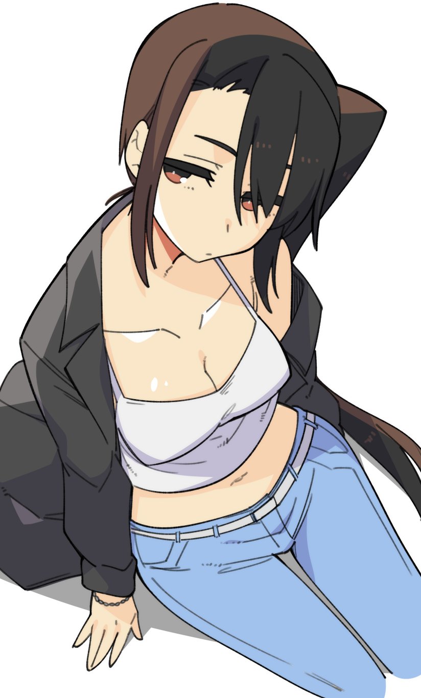 1girl alternate_costume black_jacket bracelet breasts brown_eyes brown_hair cleavage closed_mouth collarbone crop_top denim hair_between_eyes higaragi highres jacket jeans jewelry kantai_collection long_hair long_sleeves looking_at_viewer medium_breasts nachi_(kancolle) navel open_clothes open_jacket pants simple_background sitting solo white_background