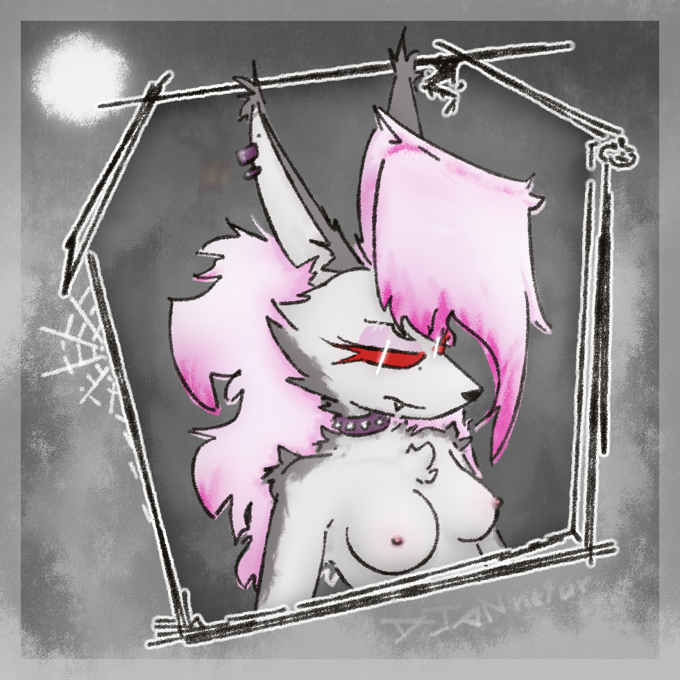 1:1 anthro breasts canid canid_demon canine canis choker collar collar_only demon djannetur domestic_dog ear_piercing female hair hellhound helluva_boss jewelry looking_at_viewer loona_(helluva_boss) mammal necklace nipples nude piercing red_eyes rockstar solo were werecanid werecanine werewolf wolf