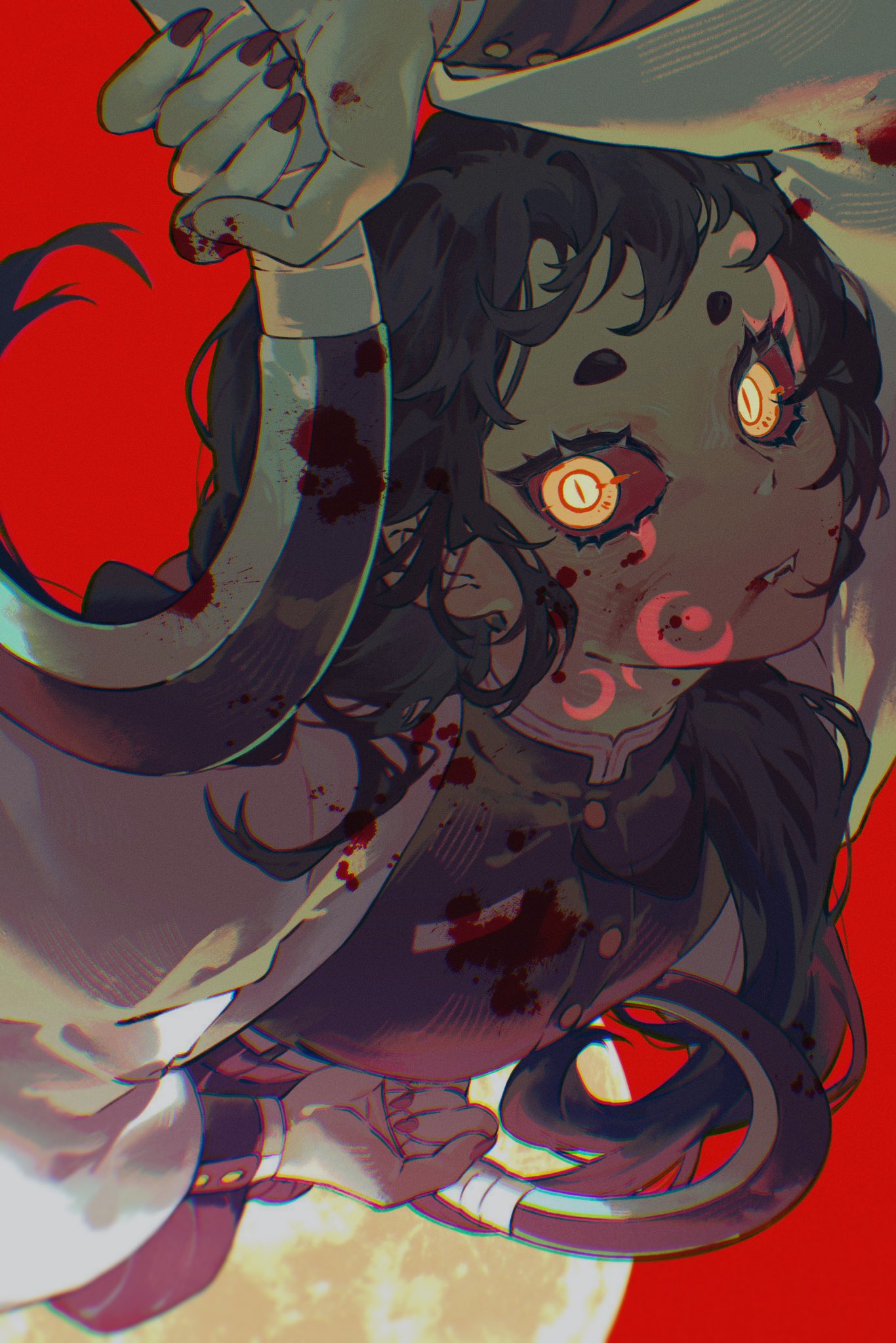 1girl arm_up belt black_pants blood blood_on_clothes blood_on_face blood_on_hands blood_on_weapon blood_splatter breasts chakram colored_sclera crescent demon_girl demon_slayer_uniform dual_wielding facial_mark fangs fangs_out feet_out_of_frame floating_hair full_moon hair_over_shoulder haori highres holding holding_hoop holding_weapon hoop jacket japanese_clothes kimetsu_no_yaiba long_hair long_sleeves looking_at_viewer midair moon night original pants pleated_pants red_background red_nails red_sclera red_sky red_theme sky slit_pupils solo sword_writing twintails weapon white_jacket wulie_errr yellow_eyes