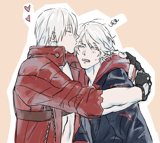 1boy 2boys aged_down annoyed blue_coat blue_eyes coat dante_(devil_may_cry) devil_may_cry_(series) devil_may_cry_3 devil_may_cry_4 fingerless_gloves gloves heart hug jacket jya kiss long_hair male_focus multiple_boys nero_(devil_may_cry) solo uncle_and_nephew white_hair