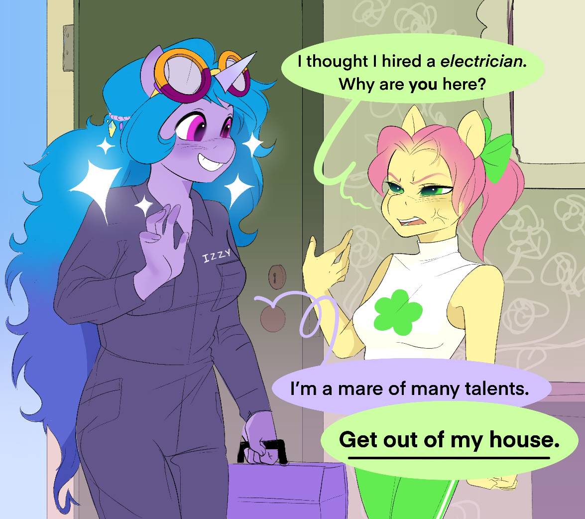 anthro anthrofied aztrial blue_hair clothing cross-popping_vein door earth_pony equid equine eyewear goggles green_eyes hair hasbro horn horse izzy_moonbow_(mlp) mammal mlp_g5 my_little_pony overalls pink_hair pony posey_(g5) purple_eyes sparkles toolbox unicorn