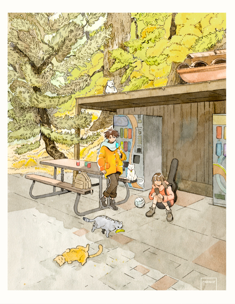 1boy 1girl backpack bag ball banana brown_hair building cat cellphone coat conifer food forest fruit guitar hand_on_table instrument medium_hair nature orange_coat original outdoors painting_(medium) parak1d phone pink_coat popsicle sitting smartphone smile spruce standing traditional_media tree watercolor_(medium)