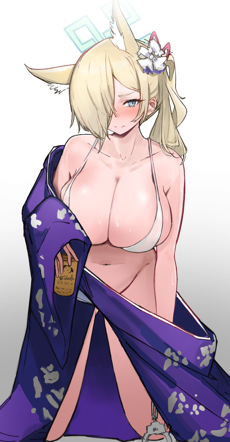 1girl bare_shoulders bikini bikini_top_only blonde_hair blue_archive blue_eyes blush bottomless bow breasts cleavage gradient_background grey_background hair_between_eyes hair_ornament hair_over_one_eye highres inhey japanese_clothes kanna_(blue_archive) kneeling large_breasts long_hair long_sleeves looking_at_viewer micro_bikini official_alternate_costume one_side_up simple_background solo string_bikini sweat swimsuit undressing white_background white_bikini wide_sleeves