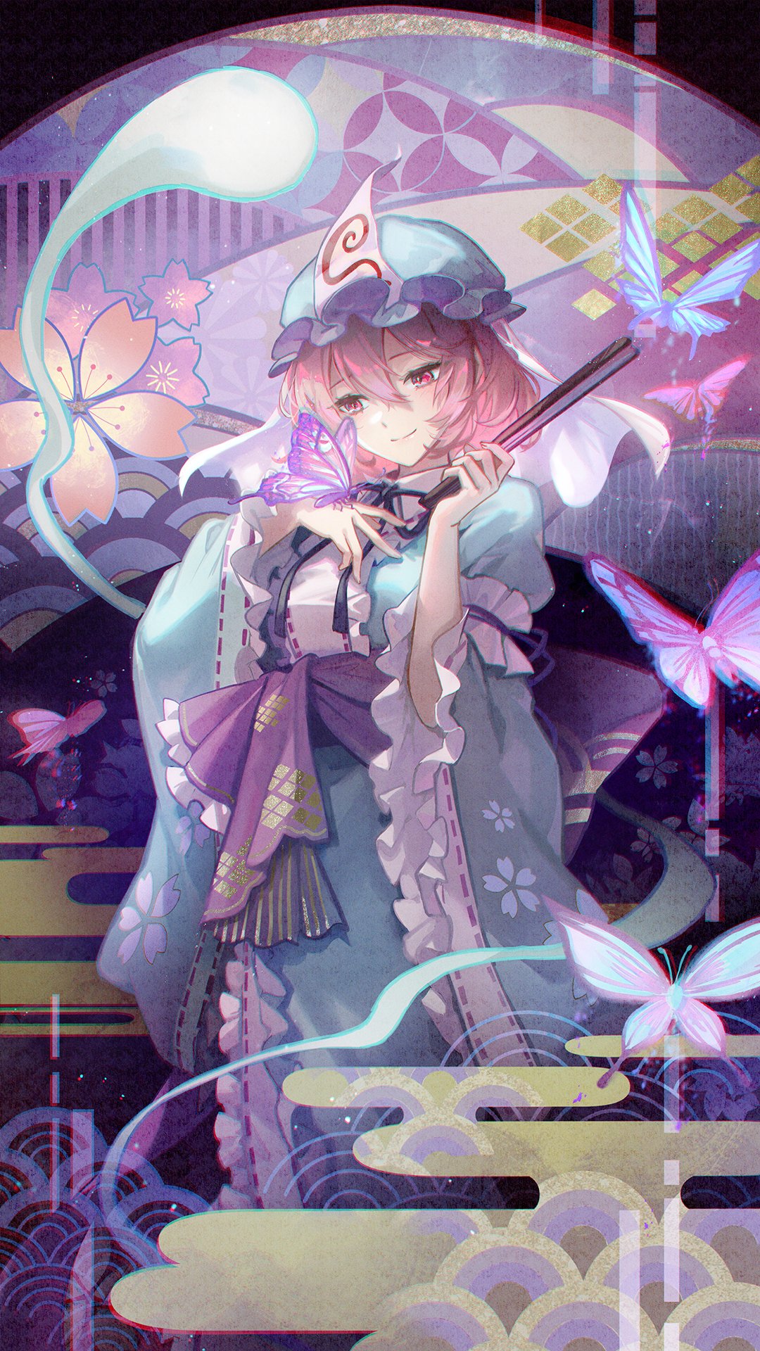 1girl blue_headwear blue_kimono bug butterfly butterfly_on_hand cherry_blossom_print closed_mouth commentary egasumi floral_print frilled_sleeves frills ghost hand_fan hat highres holding holding_fan japanese_clothes kimono kyusoukyu long_sleeves mob_cap pink_eyes pink_hair saigyouji_yuyuko saigyouji_yuyuko's_fan_design touhou triangular_headpiece wide_sleeves