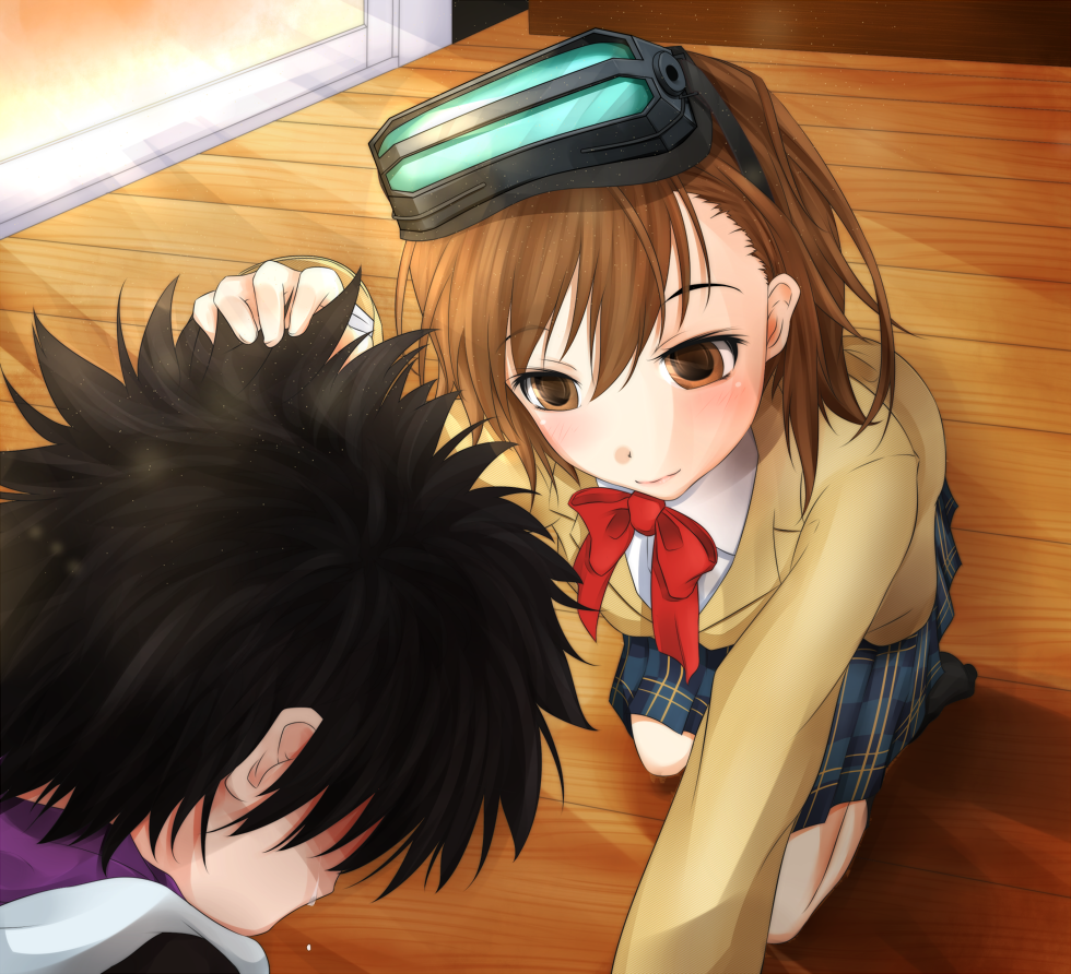 1boy 1girl arm_up black_hair black_jacket blazer blush bow bowtie brown_hair brown_jacket closed_mouth commentary_request crying empty_eyes hair_between_eyes hand_on_another's_head head-mounted_display hood hood_down indoors jacket kamijou_touma light_smile long_sleeves looking_at_another looking_down medium_hair miniskirt misaka_imouto misaka_network_sotai plaid plaid_skirt pleated_skirt red_bow red_bowtie scene_reference school_uniform shin_(highest1192) shirt short_hair skirt spiked_hair spoilers teardrop tears toaru_majutsu_no_index toaru_majutsu_no_index:_new_testament tokiwadai_school_uniform white_shirt wooden_floor