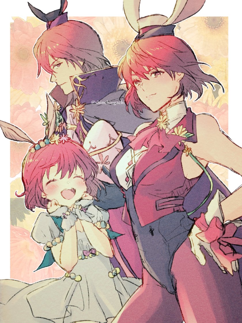 1boy 2girls animal_ears aqua_dress bare_shoulders black_leotard brother_and_sister brown_hair cloak closed_eyes dress egg fake_animal_ears family fire_emblem fire_emblem:_mystery_of_the_emblem fire_emblem_heroes hand_on_hip hat holding holding_egg leotard looking_at_another maria_(fire_emblem) michalis_(fire_emblem) minerva_(fire_emblem) minerva_(spring)_(fire_emblem) mini_hat multiple_girls neckerchief nishimura_(nianiamu) official_alternate_costume official_art open_mouth own_hands_together pantyhose puffy_short_sleeves puffy_sleeves rabbit red_hair red_neckerchief red_pantyhose short_hair short_sleeves siblings sisters smile watermark