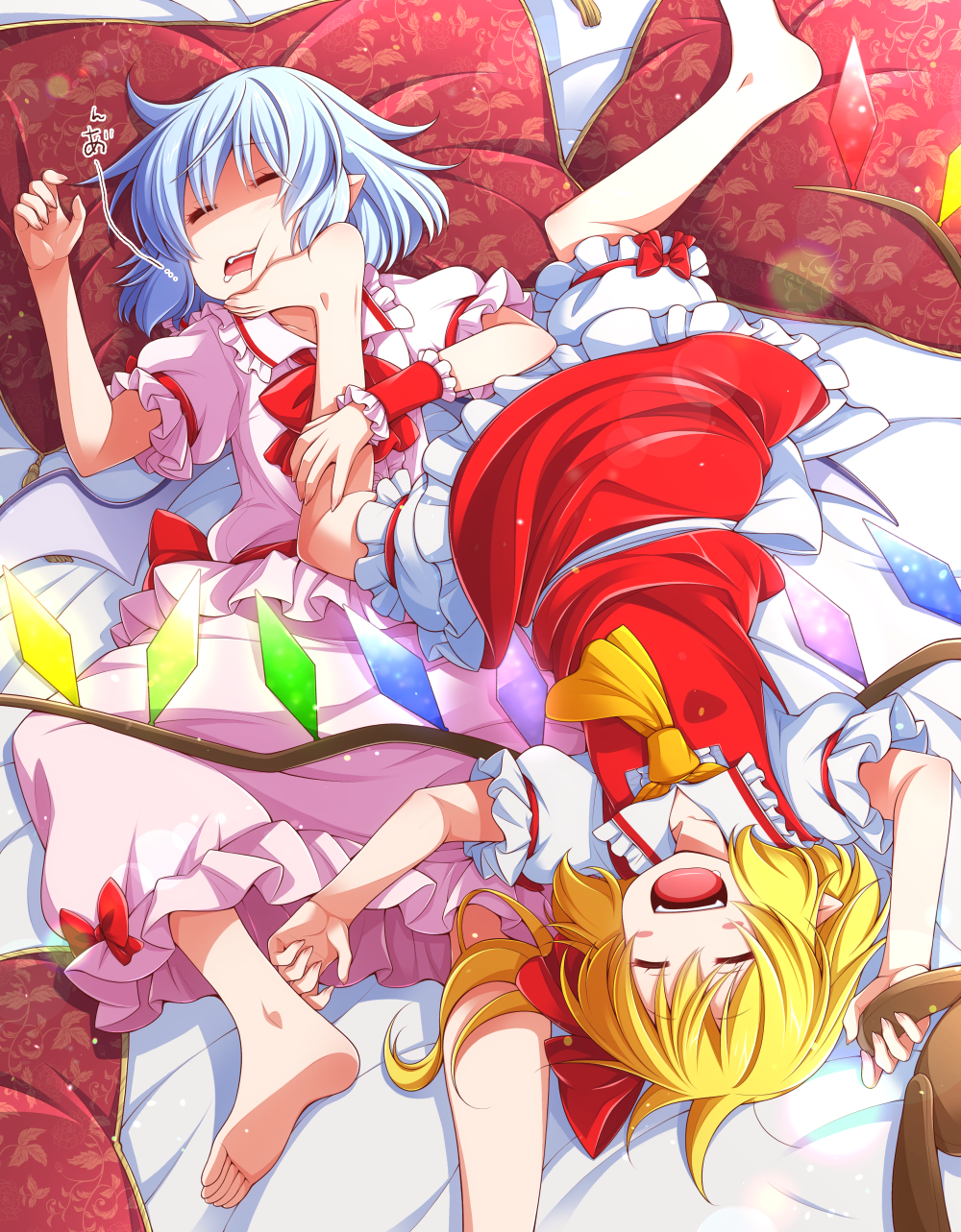 2girls :d ascot bare_legs barefoot blonde_hair bloomers blue_hair closed_eyes commentary_request crystal dress eichi_yuu fangs flandre_scarlet flat_chest foot_on_another's_face gold_trim hand_up happy highres holding holding_stuffed_toy lying multiple_girls no_headwear on_back open_mouth pillow pink_dress pointy_ears red_skirt red_vest remilia_scarlet short_hair siblings sisters skirt skirt_set sleeping smile soles stuffed_animal stuffed_toy teddy_bear toes touhou underwear vest wings yellow_ascot