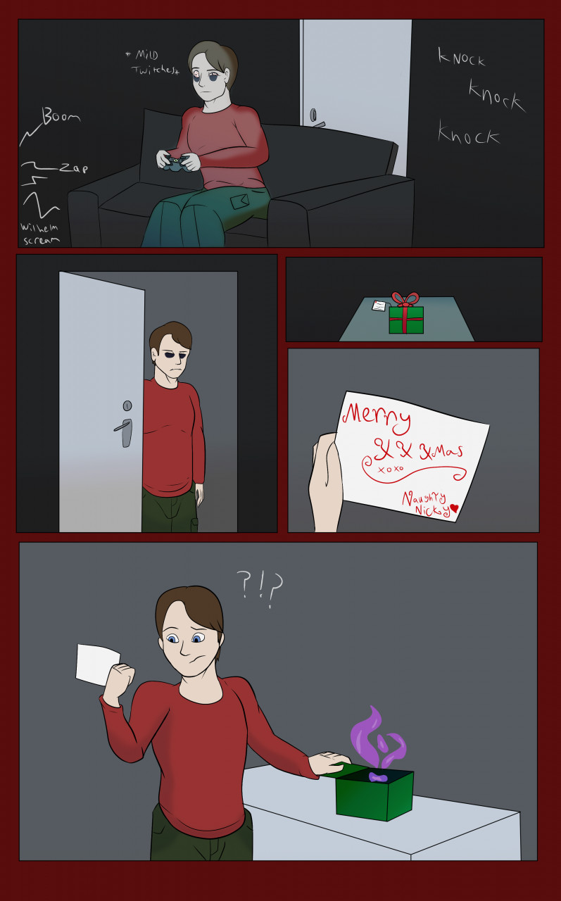 ?! christmas clothed clothing colored comic dark_circles door english_text gaming gift hi_res holidays human male mammal mr_jugger solo text tired