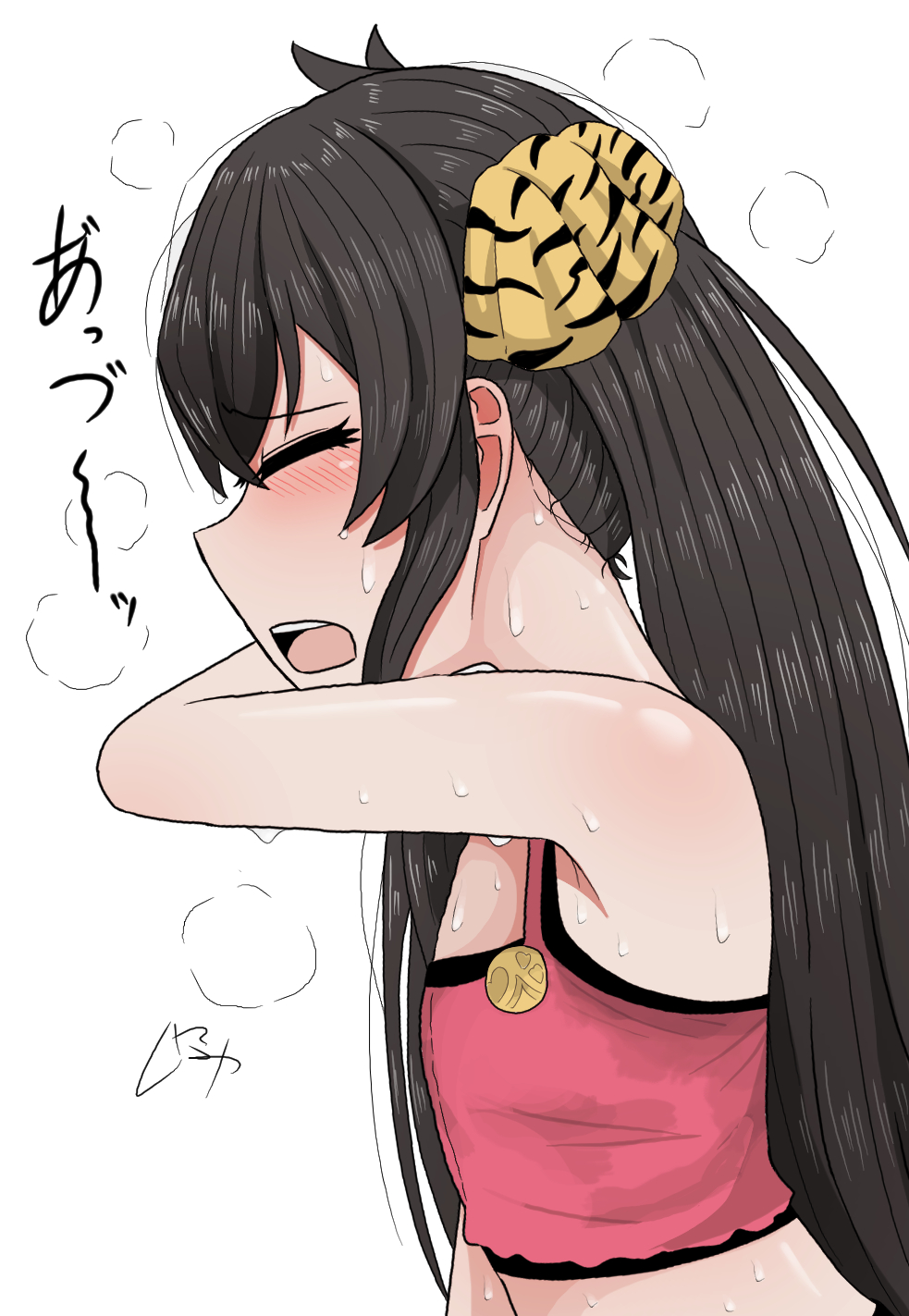1girl amamitsu9 armpits black_hair blush closed_eyes commentary_request crop_top eyelashes flat_chest hair_ornament highres idolmaster idolmaster_cinderella_girls idolmaster_cinderella_girls_u149 long_hair matoba_risa midriff nape open_mouth partial_commentary profile shiny_skin signature simple_background steam sweat translation_request upper_body very_long_hair white_background