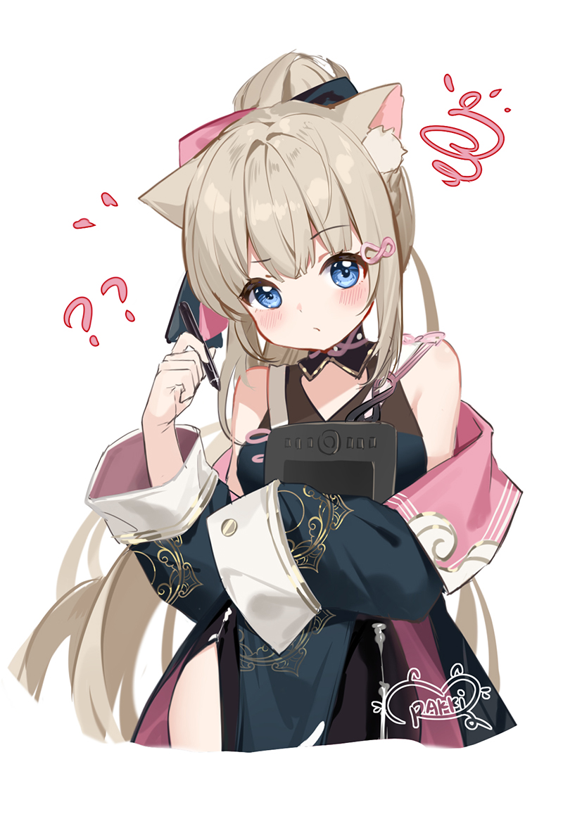 1girl :/ ? ?? animal_ear_fluff animal_ears artist_name bare_shoulders blonde_hair blue_eyes blush cat_ears character_request china_dress chinese_clothes closed_mouth coat copyright_request cropped_legs drawing_tablet dress ear_down hair_between_eyes hair_ornament hand_up head_tilt holding holding_pen lenka1264504528 long_hair long_sleeves looking_at_viewer off_shoulder pen ponytail raised_eyebrow simple_background sleeveless sleeveless_dress sleeves_past_fingers sleeves_past_wrists solo very_long_hair virtual_youtuber white_background wide_sleeves