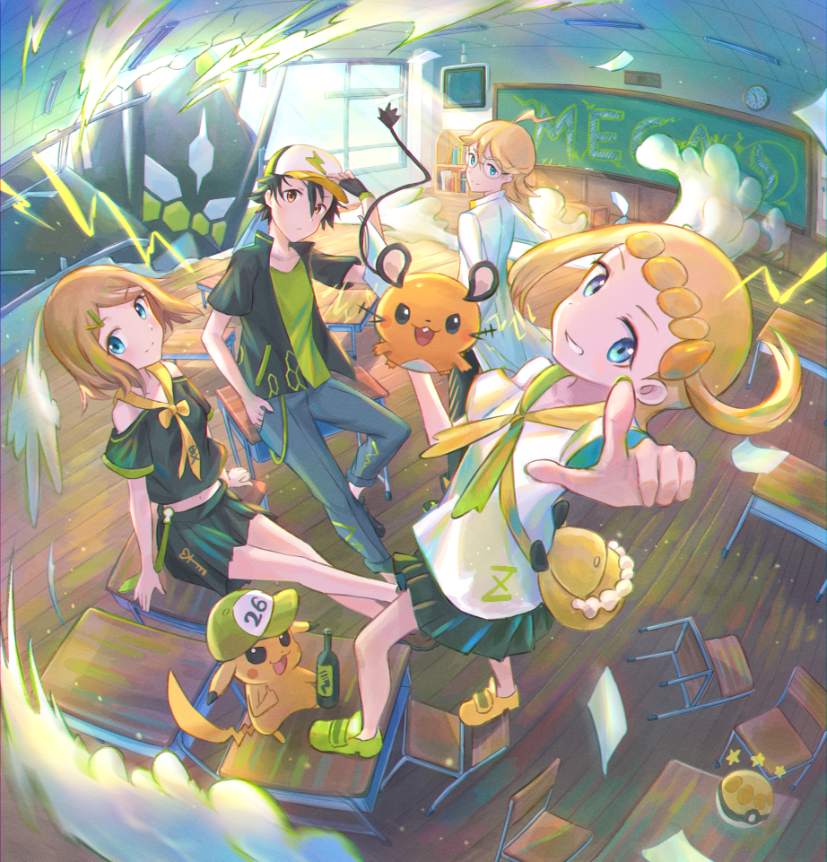 2boys 2girls ahoge alternate_costume ash_ketchum blonde_hair blue_eyes bonnie_(pokemon) bottle chair chalkboard classroom clemont_(pokemon) clothed_pokemon commentary_request day dedenne desk fingerless_gloves fisheye glasses gloves green_shirt grin hat holding holding_bottle indoors jacket kutsunohito light_rays multiple_boys multiple_girls on_desk pants pikachu pleated_skirt pointing poke_ball pokemon pokemon_(anime) pokemon_(creature) pokemon_xy_(anime) round_eyewear school_chair school_desk serena_(pokemon) shirt shoes short_sleeves sitting skirt smile teeth wooden_floor yellow_bag