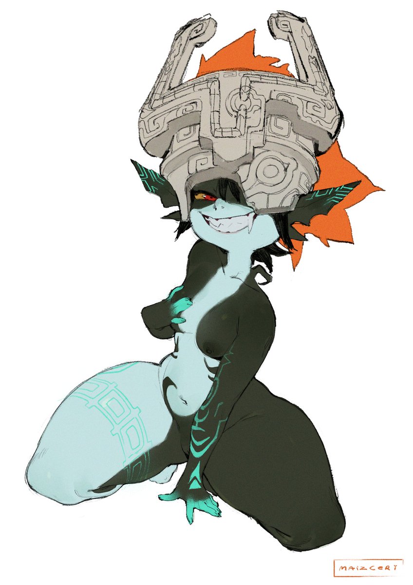 armor breasts female front_view grin hair headgear helmet hi_res humanoid imp kneeling maiz-ken midna nintendo nipples nude orange_hair short_stack simple_background smile solo teeth the_legend_of_zelda thick_thighs twili twilight_princess white_background