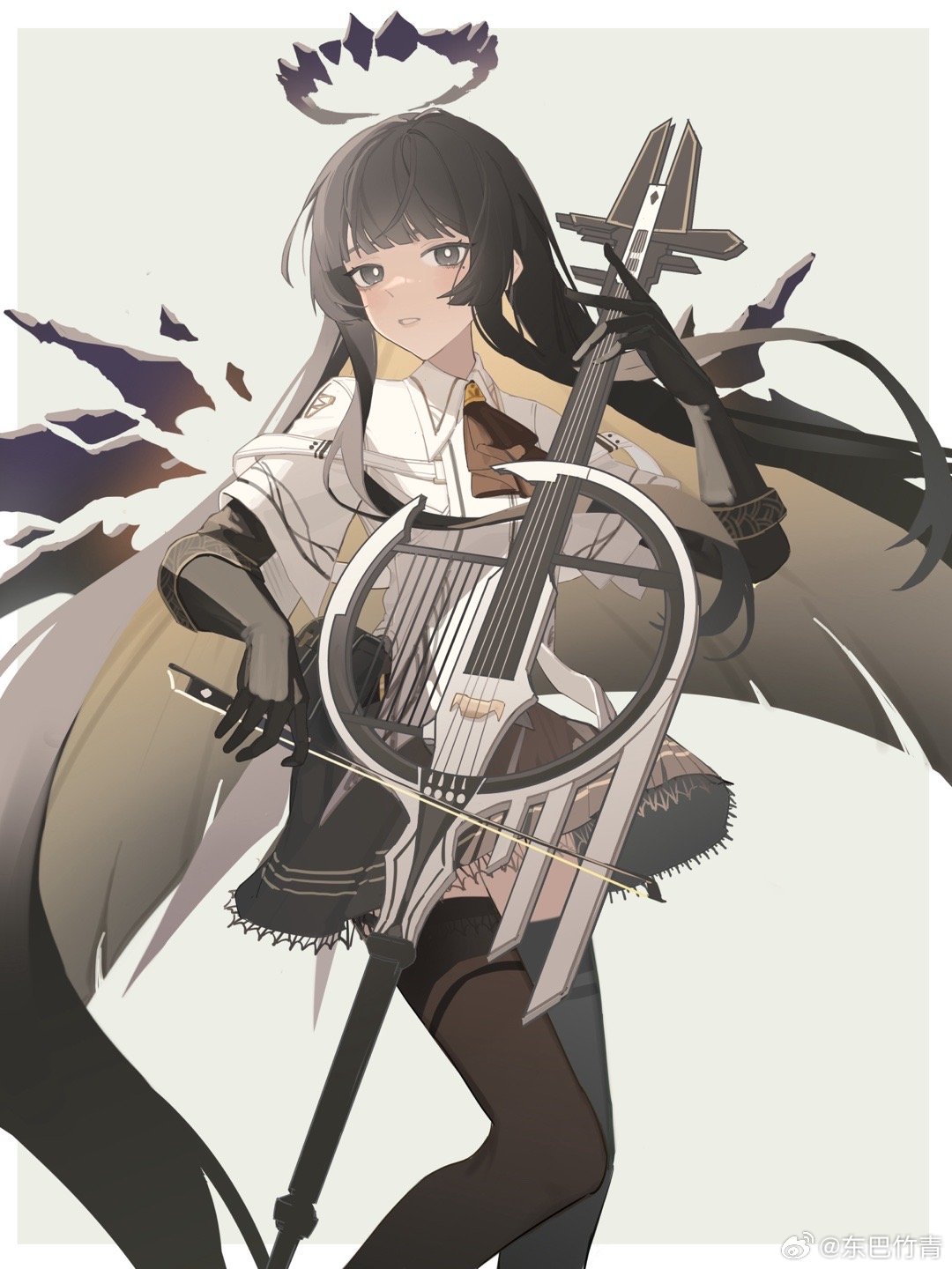 1girl antenna_hair arknights artist_name ascot backlighting belt belt_buckle black_ascot black_eyes black_gloves black_hair black_halo black_pouch black_skirt black_sleeves black_thighhighs black_wings blonde_hair blunt_bangs border bow_(music) breasts bright_pupils broken_halo buckle cello chinese_commentary chinese_text collared_jacket colored_inner_hair commentary_request dark_halo detached_wings energy_wings expressionless feet_out_of_frame from_side gloves grey_background halo hands_up highres hime_cut holding holding_bow_(music) holding_instrument holding_violin instrument jacket layered_sleeves light_blush long_hair long_sleeves looking_at_viewer looking_to_the_side miniskirt mole mole_under_eye multicolored_hair music outside_border outstretched_hand pale_skin parted_lips playing playing_instrument pleated_skirt pouch short_over_long_sleeves short_sleeved_jacket short_sleeves sidelocks simple_background skirt solo standing thighhighs two-tone_hair very_long_hair violin virtuosa_(arknights) watermark weibo_3636610827 weibo_logo weibo_username white_belt white_border white_jacket white_pupils wide_sleeves wing_collar wings zettai_ryouiki