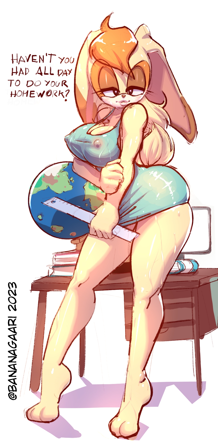 2023 5_fingers anthro artist_name bananagaari bedroom_eyes big_breasts black_nose blonde_hair bodily_fluids breasts cleavage clothed clothing desk dialogue dress english_text eyelashes female fingers furniture globe hair half-closed_eyes hi_res holding_ruler lagomorph leporid long_hair looking_at_viewer mammal mature_female narrowed_eyes nipple_outline rabbit ruler seductive sega short_dress smile solo sonic_the_hedgehog_(series) standing sweat table text vanilla_the_rabbit