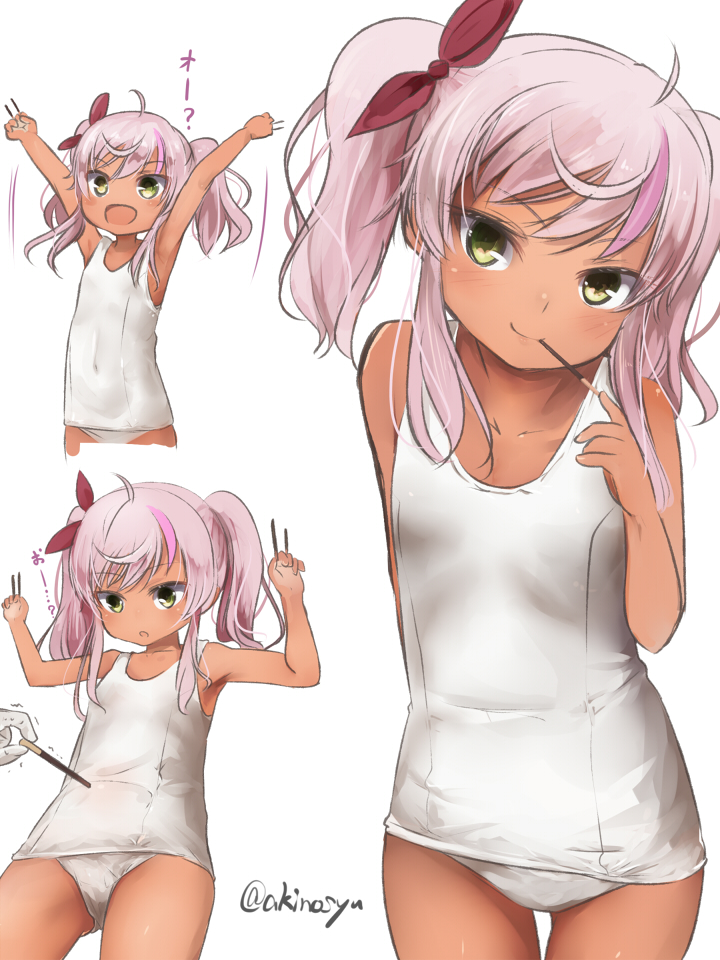 1girl 1other :d :o akino_shuu arms_up bare_arms bare_shoulders between_fingers closed_mouth collarbone comandante_cappellini_(kancolle) commentary_request covered_navel food food_in_mouth gloves hair_ribbon holding holding_food kantai_collection mouth_hold multicolored_hair multiple_views one-piece_swimsuit parted_lips pocky purple_hair red_ribbon ribbon simple_background smile streaked_hair swimsuit tan translation_request trembling twintails twitter_username white_background white_gloves white_one-piece_swimsuit yellow_eyes