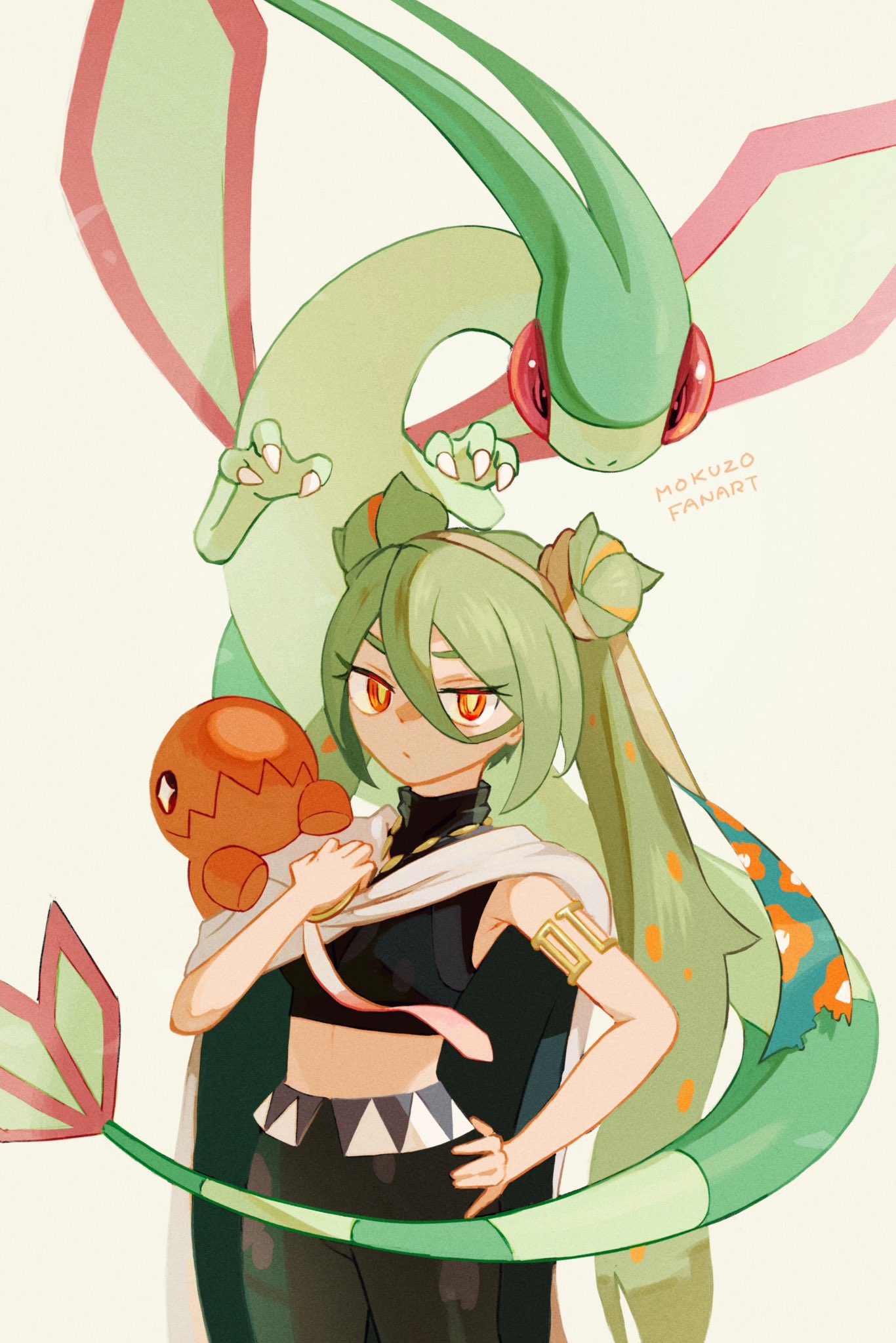 1girl armlet black_pants black_shirt cape commentary_request flygon green_hair ground_miku_(project_voltage) hair_between_eyes hand_on_own_hip hand_up hatsune_miku highres holding long_hair looking_at_viewer mokuzou_(moku_ssbu) orange_eyes pants pokemon pokemon_(creature) project_voltage shirt signature simple_background trapinch twintails vocaloid white_background white_cape yellow_pupils